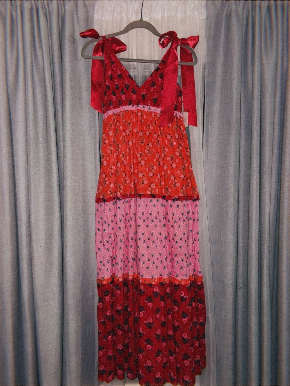 Altar'd State Red and Pink Tiered Floral Maxi Dress with Tie Straps